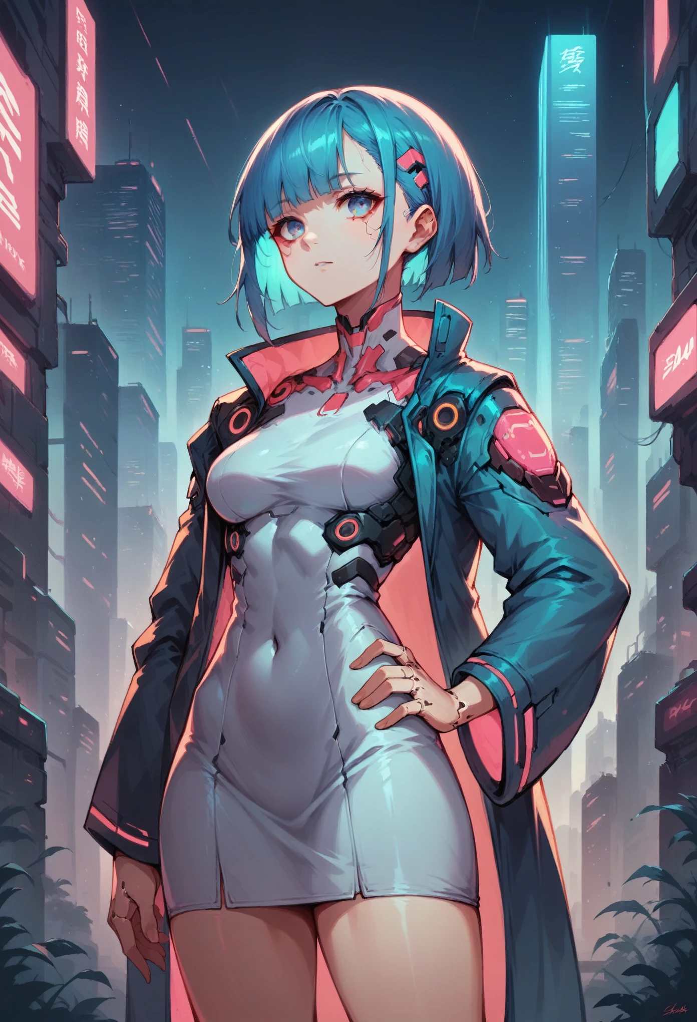 Hochwertiges Bild, futuristischer Anime-Stil, cyberpunk, Mädchen in einer futuristischen Stadt, neon Farben, Jacke mit weiten Ärmeln und weißes Kleid, mittellanges Haar mit Pony, schwüler Körper, blaues Haar außen und rosa innen, Cyanfarbene Augen, Hauthell, Hand auf der Hüfte