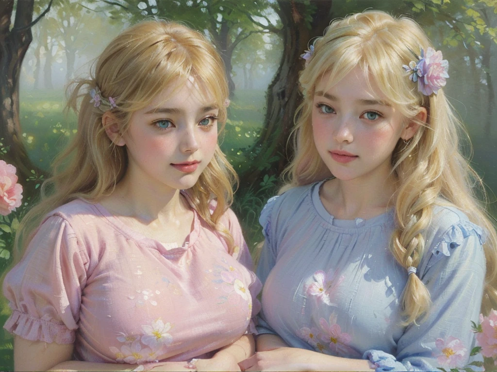 (((group_squeez, multiple girls, group picture, 3girls, women))), ((18 yo, close-up, portrait, detailed face)) , fit , (young) , beautiful , (((pale skin, wavy blonde hair))), (((tight t-shirt, busty, dreamy, loving stare, bright magical fairytale fantasy atmosphere, sexy))), flowers in hair, surrounded by flowers, happy, playful, ((large soft heavy breasts)), in love, ((((magical mist energy, hair flower)))), ((blush, pretty, elegant, oil painting, classic painting, cute, youthful, teen, teenager)), ((((tight t-shirt))))