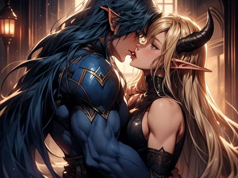 (female blonde elf and male dark blue haired elf) (male elf with big muscles and long dark blue hair) a tall long haired male el...