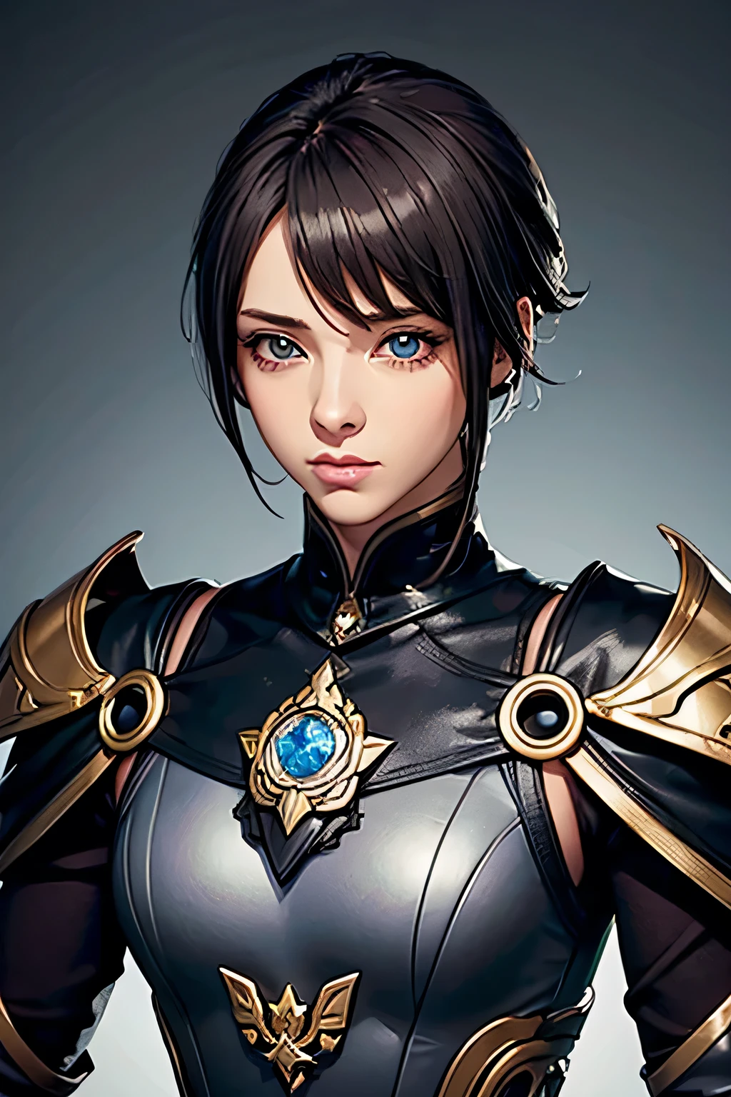 (work of art, best qualityer, face perfect, expressive eyes), black leather cover, details Intricate, black breastplate, a male anime,single character, short black hair with white highlights, barba, visual novel sprite, detailed black armor, high qualiy, cinematic, dramatic pose, details Intricate, work of art, impacto genshin. Medalha dourado com joia púrpura brilhante 