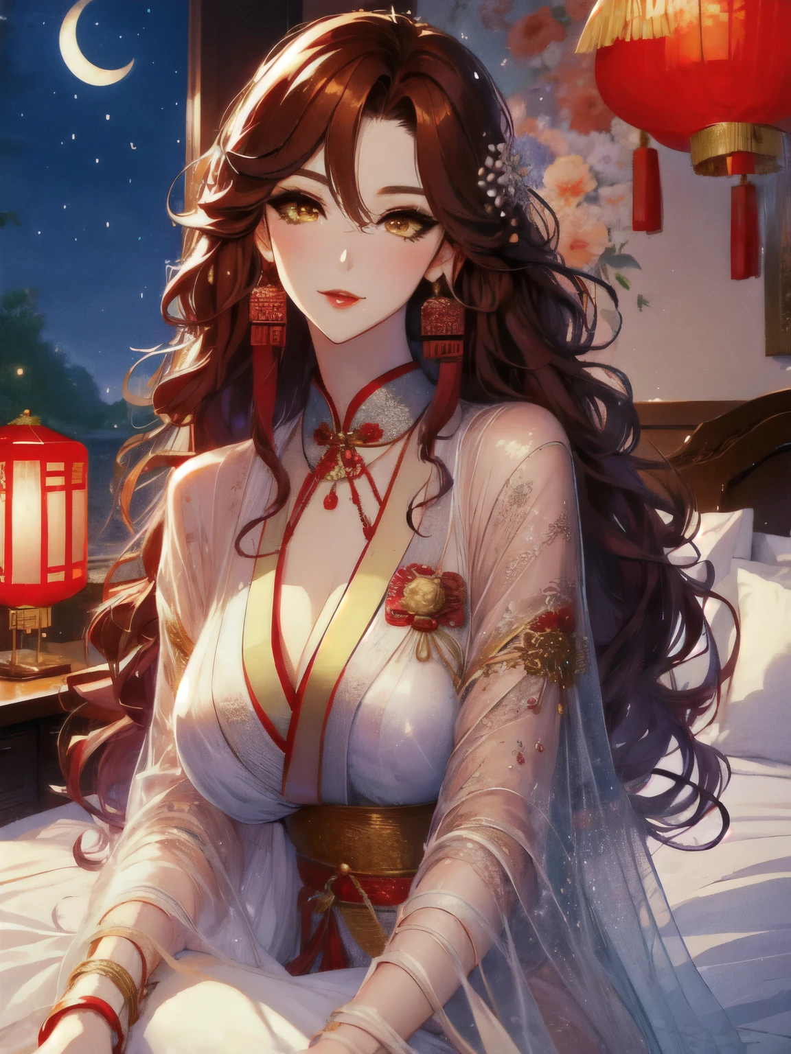 (masterpiece, best quality:1.2), 1women, xian mei, solo golden eyes, long red curly hair, jewellery, perfect anatomy, chinese traditional room, nudity, nude, sexy, sex, night, starry sky, night beautiful sky, shining stars,