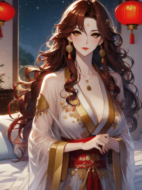 (masterpiece, best quality:1.2), 1women, xian mei, solo golden eyes, long red curly hair, jewellery, perfect anatomy, chinese tr...