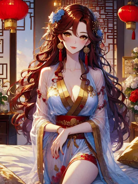 (masterpiece, best quality:1.2), 1women, xian mei, solo golden eyes, long red curly hair, jewellery, perfect anatomy, chinese tr...