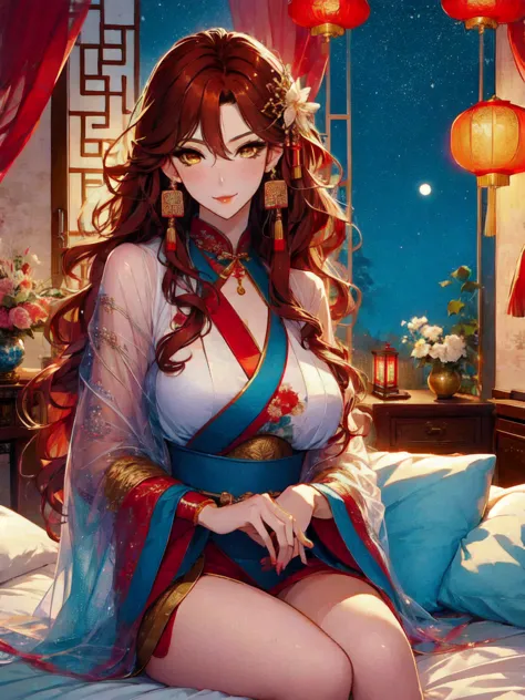 (masterpiece, best quality:1.2), 1women, xian mei, solo golden eyes, long red curly hair, jewellery, perfect anatomy, chinese tr...