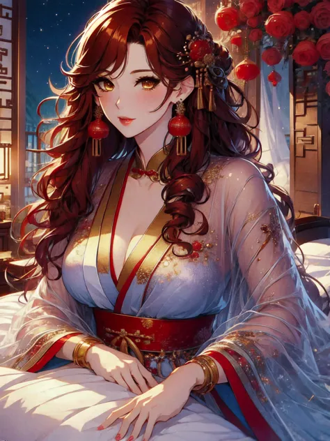 (masterpiece, best quality:1.2), 1women, xian mei, solo golden eyes, long red curly hair, jewellery, perfect anatomy, chinese tr...