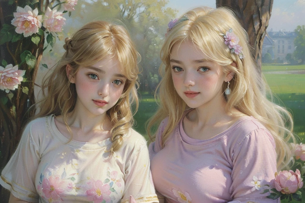 (((group_squeez, multiple girls, group portrait, 3 girls, women together))), ((18 yo, close-up, portrait, detailed face)) , fit , (young) , beautiful , (((pale skin, wavy blonde hair))), (((tight t-shirt, busty, dreamy, loving stare, bright magical fairytale fantasy atmosphere, sexy))), flowers in hair, surrounded by flowers, happy, playful, ((large soft heavy breasts)), in love, ((((magical mist energy, hair flower)))), ((blush, pretty, elegant, oil painting, classic painting, cute, youthful, teen, teenager)), ((((tight t-shirt))))