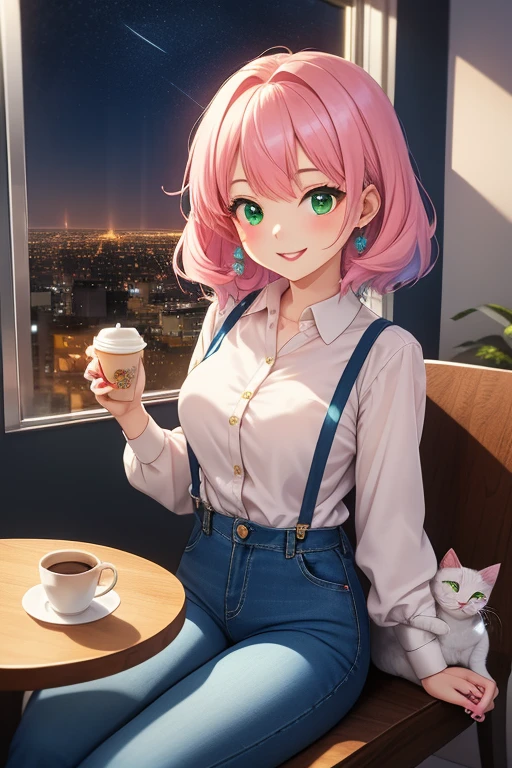 anime girl 26 years old yellow blouse suspenders blue denim pants landscape luxurious apartment looking out the window towards a night city with pale pink hair green eyes and a white cat on her lap blue nails white walls cup of coffee on the table cat looking at the girl smiling