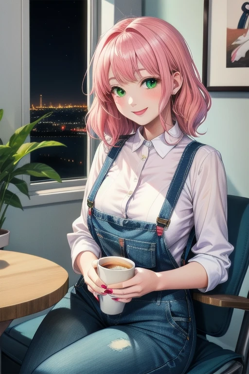 chica anime de 20 años con blusa amarilla y tirantes, pantalones vaqueros azules, apartamento de lujo con vistas a la ciudad nocturna, cabello rosa pálido, ojos verdes y un gato blanco en su regazo, uñas azules, paredes blancas, taza de café en la mesa, el gato mirando a la chica sonriendo