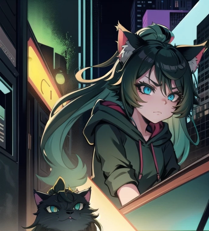 original-art, inked, lineart, masterpiece, best quality, 1girl,  vex grey skin, hoodie, goth, cat ears, bored face, dark green hair with black, city at night background,  