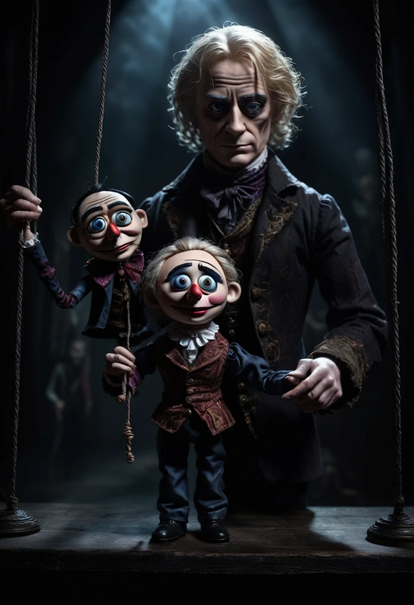 Caine von Digital Circus hält eine Marionette im dunklen Fantasy- und Magie-Stil. Der dunkle Hintergrund verstärkt die mysteriöse und unheimliche Atmosphäre der Szene. Die Beleuchtung wirft dramatische Schatten, was die eindringliche Qualität des Bildes verstärkt. Die Komposition ist dynamisch, mit Caines intensivem Blick, der den Betrachter in. Das dunkle Fantasy-Genre wird durch die komplizierten Details und mystischen Elemente im Bild deutlich dargestellt.