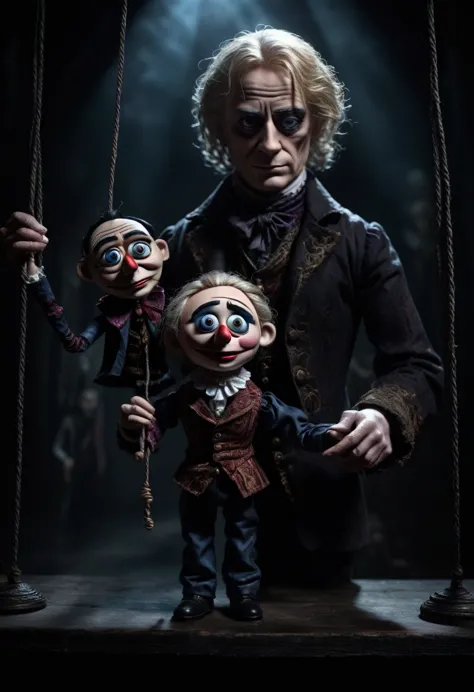 Caine from Digital Circus holds a marionette in a dark fantasy and magic style. The dark background enhances the mysterious and ...
