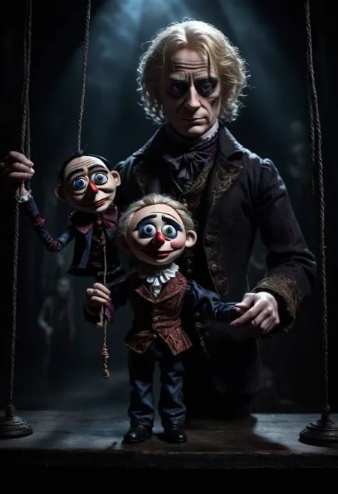 caine from digital circus holds a marionette in a dark fantasy and magic style. the dark background enhances the mysterious and ...