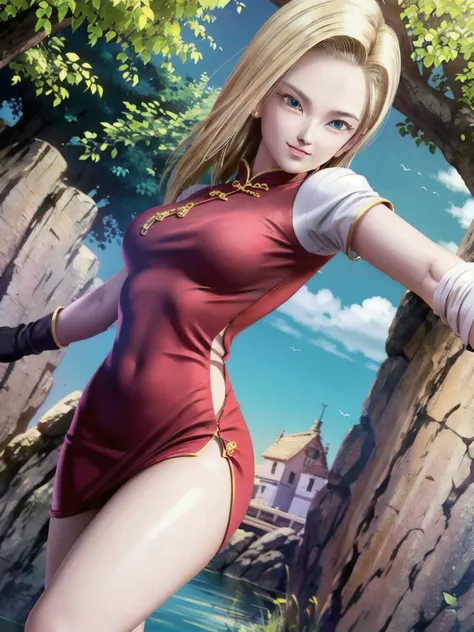 android 18,blonde hair,(((long hair))),blue eyes,((long slit red sexy cheongsam)), (red),looking at the audience,face smile,clos...