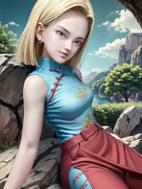 android 18,blonde hair,(((long hair))),blue eyes,((long slit red sexy cheongsam)), (red),looking at the audience,face smile,clos...