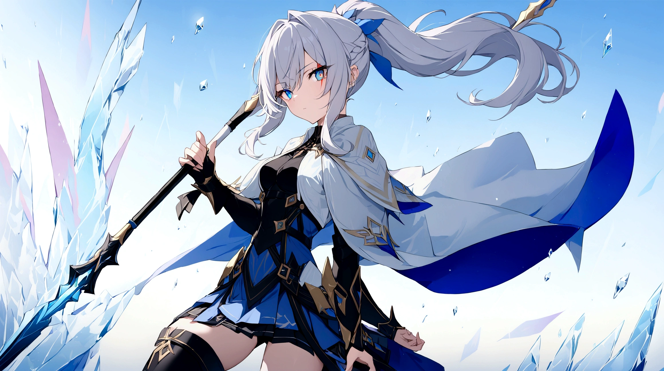 (1girl, Masterpiece, best quality) (detailed and beautiful eyes:1.6) (perfect hands, perfect anatomy) (full body)) Fierce warrior girl with long white hair in a high ponytail and striking red eyes. She wears sleek, modern armor in blue and black with gold and silver details, and a white, high-collared cape with blue and gold accents. She holds a long spear in her right hand and points forward with her left hand. The background should be an icy landscape with crystalline formations and a cold, blue sky, reflecting light off the ice for a mystical atmosphere. Capture her determined and focused expression, conveying a sense of readiness and strength.