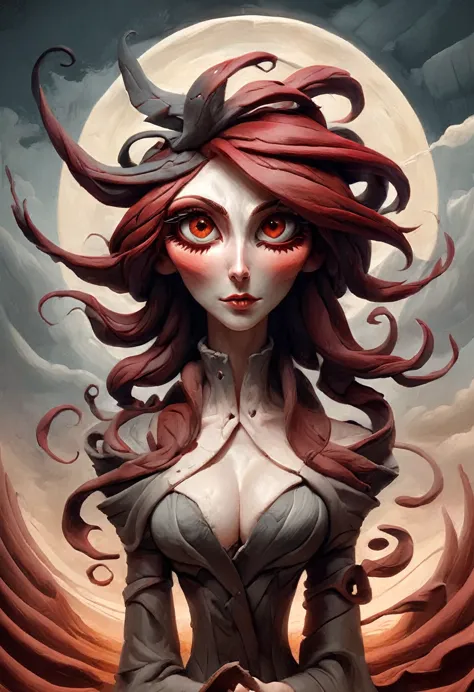 painting of a woman with flowing dark red hair, peter mohrbacher, kbak, gorgeous brown eyes, surreal, fantasy design, epic backg...