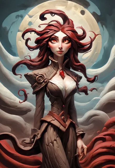 painting of a woman with flowing dark red hair, peter mohrbacher, kbak, gorgeous brown eyes, surreal, fantasy design, epic backg...