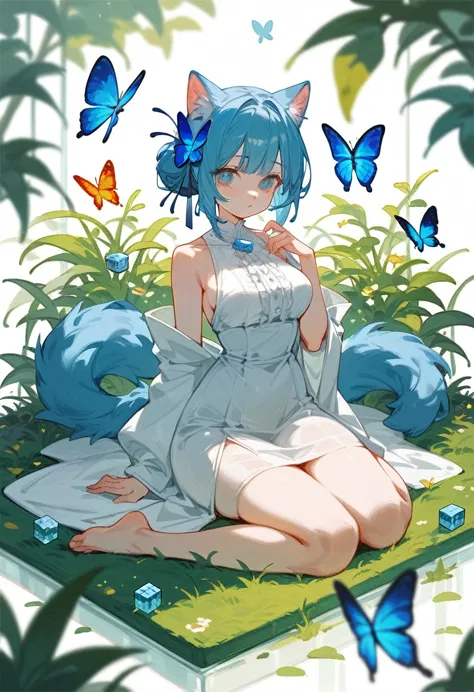 1 girl in, unique, Blue hair, Butterfly hair decoration,Breast size D, thick hips, blue cat, cat girl, full body, slim waist, gr...