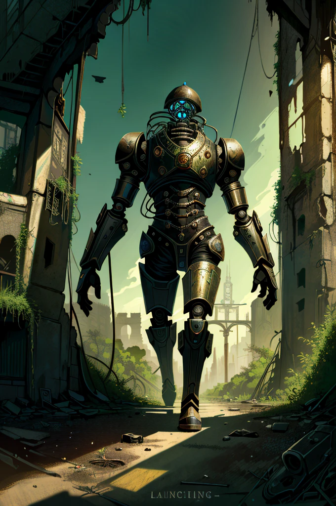 (extremely detailed, intricate details, highres), steampunk robot walking through destroyed city, tubes, cables, intricate ornament, victorian patterns, ruins, debris, cement and grass, post-apocalypse, overgrown city, natural lighting, best shadow, imaginative, highly detailed