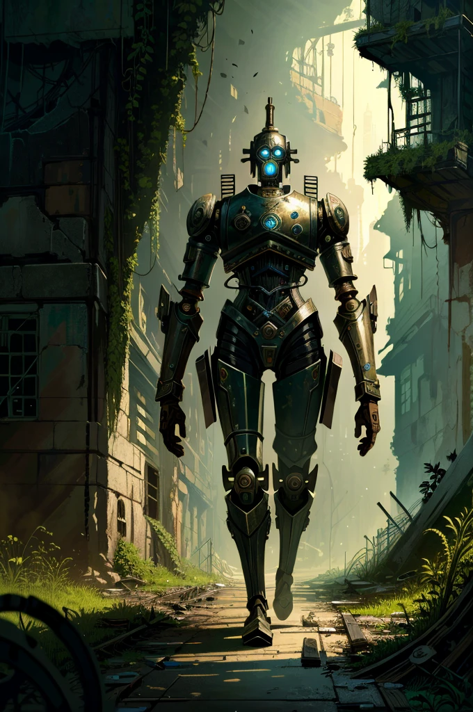 (extremely detailed, intricate details, highres), steampunk robot walking through destroyed city, tubes, cables, intricate ornament, victorian patterns, ruins, debris, cement and grass, post-apocalypse, overgrown city, natural lighting, best shadow, imaginative, highly detailed