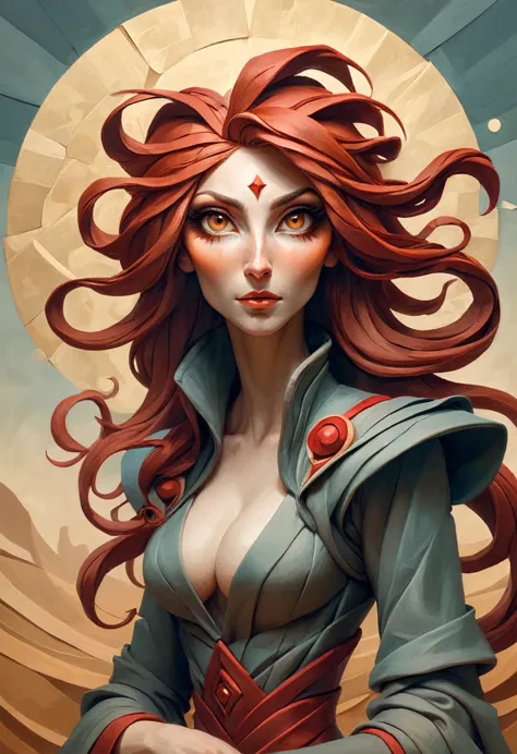 painting of a woman with flowing red hair, peter mohrbacher, kbak, gorgeous brown eyes, surreal, fantasy design, epic background...