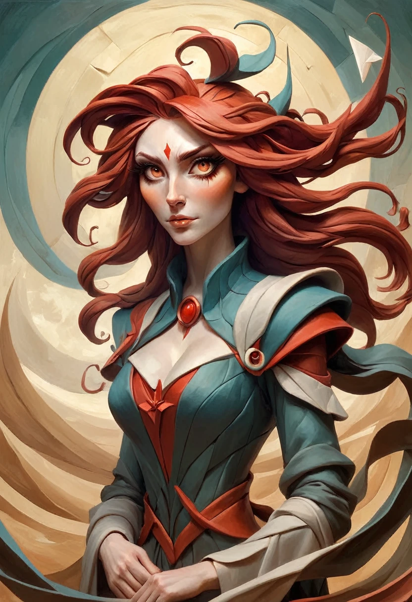 painting of a woman with flowing red hair, peter mohrbacher, kbak, gorgeous brown eyes, surreal, fantasy design, epic background, ample cleavage, rich brown eye color, masterpiece, semi-realistic, intricate origami background, high detail, ais-drkclymtn  