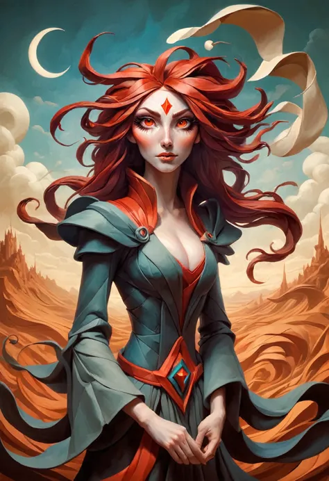 painting of a woman with flowing red hair, peter mohrbacher, kbak, gorgeous brown eyes, surreal, fantasy design, epic background...