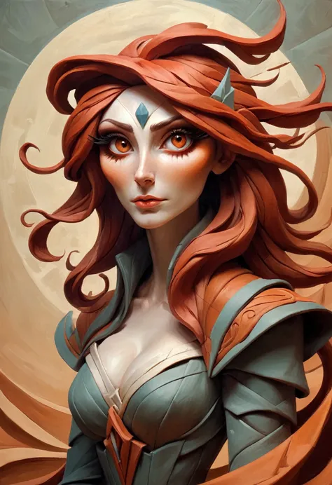 painting of a woman with flowing red hair, peter mohrbacher, kbak, gorgeous brown eyes, surreal, fantasy design, epic clay backg...