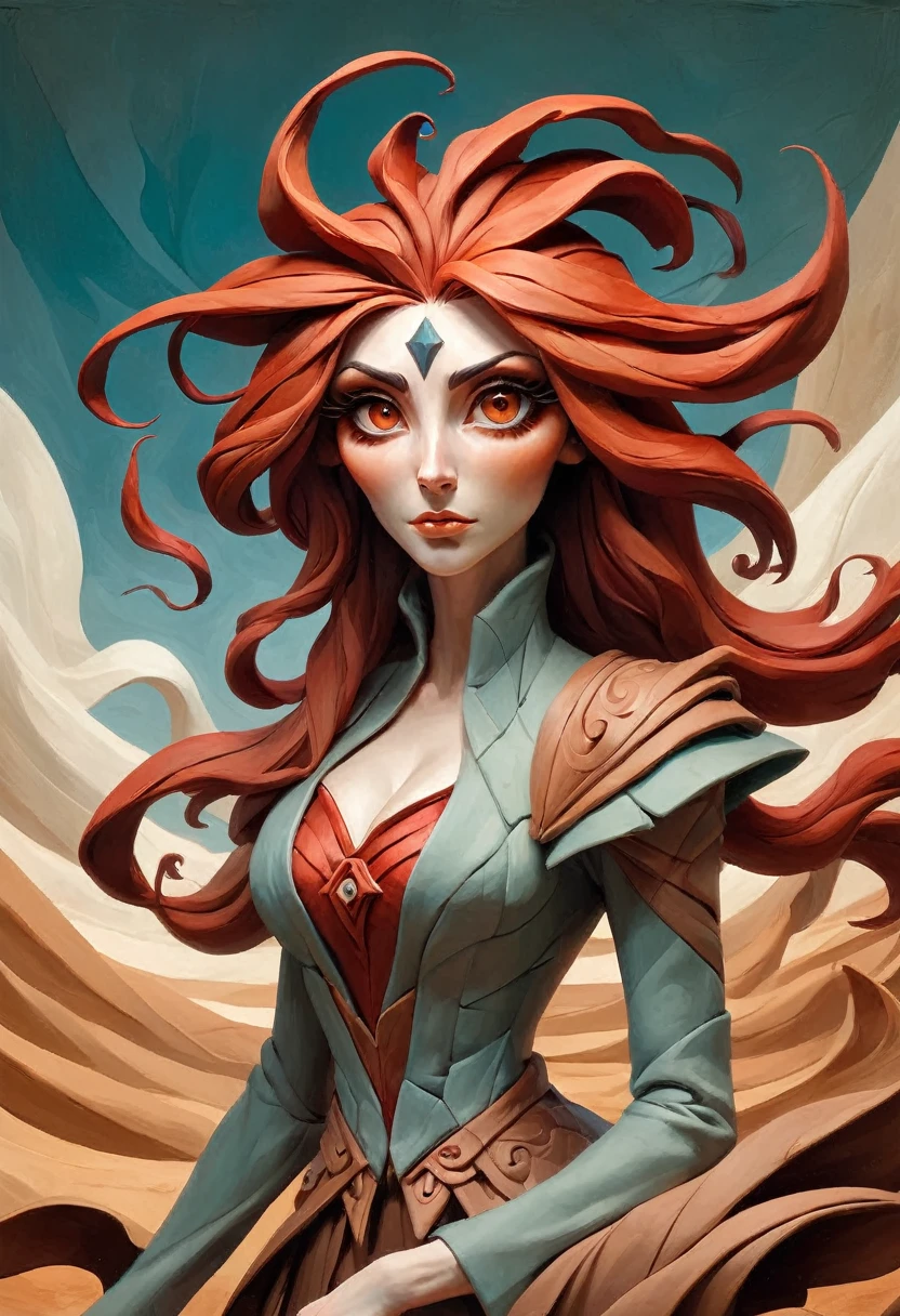 painting of a woman with flowing red hair, peter mohrbacher, kbak, gorgeous brown eyes, surreal, fantasy design, epic clay background, ample cleavage, rich brown eye color, masterpiece, semi-realistic, intricate origami background, high detail, ais-drkclymtn 