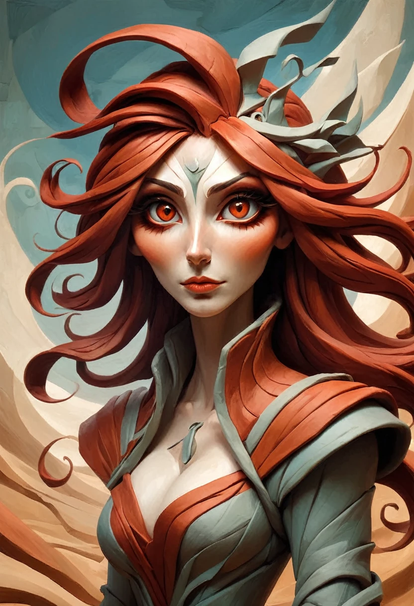 painting of a woman with flowing red hair, peter mohrbacher, kbak, gorgeous brown eyes, surreal, fantasy design, epic clay background, ample cleavage, rich brown eye color, masterpiece, semi-realistic, intricate origami background, high detail, ais-drkclymtn 