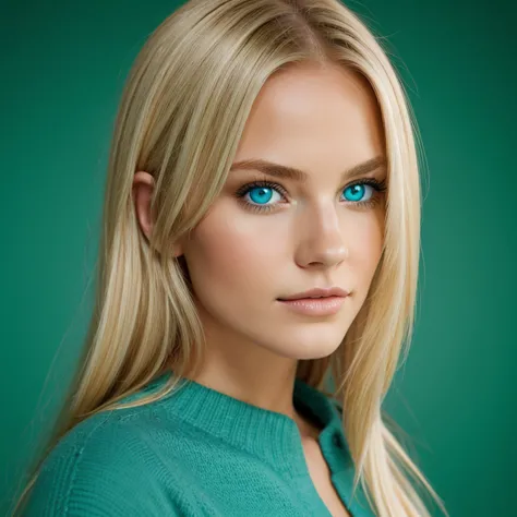 a beautiful woman with blue eyes, green background, blond hair