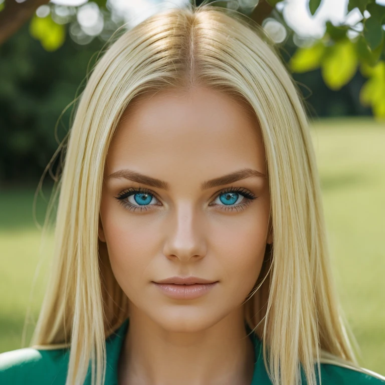 a beautiful woman with blue eyes, green background, blond hair