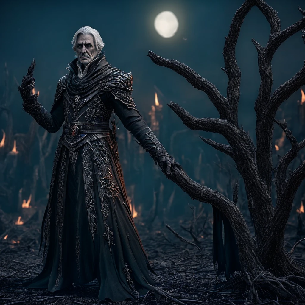 Necromancer commanding souls, black and white, earth from ashes, Dry trees, night. 3d, 4K ultra hd pro.