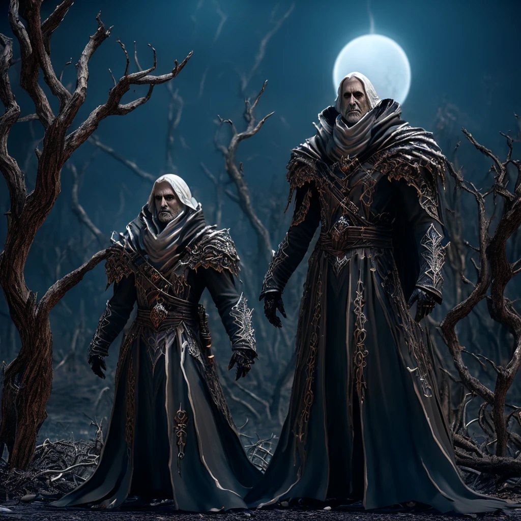 Necromancer commanding souls, black and white, earth from ashes, Dry trees, night. 3d, 4K ultra hd pro.