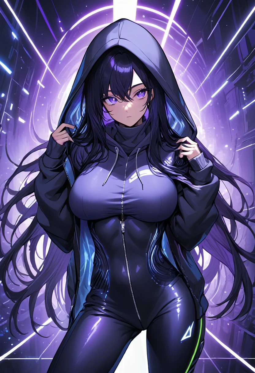 (masterpiece:1.37), best quality, (extremely detailed:1.37), woman, (very long hair:1.5), dark purple hair, purple eyes, (extremely detailed eyes:1.37), large breasts, hoodie, jeans, open fly, cleavage, navel, futuristic, neon lighting, high-tech