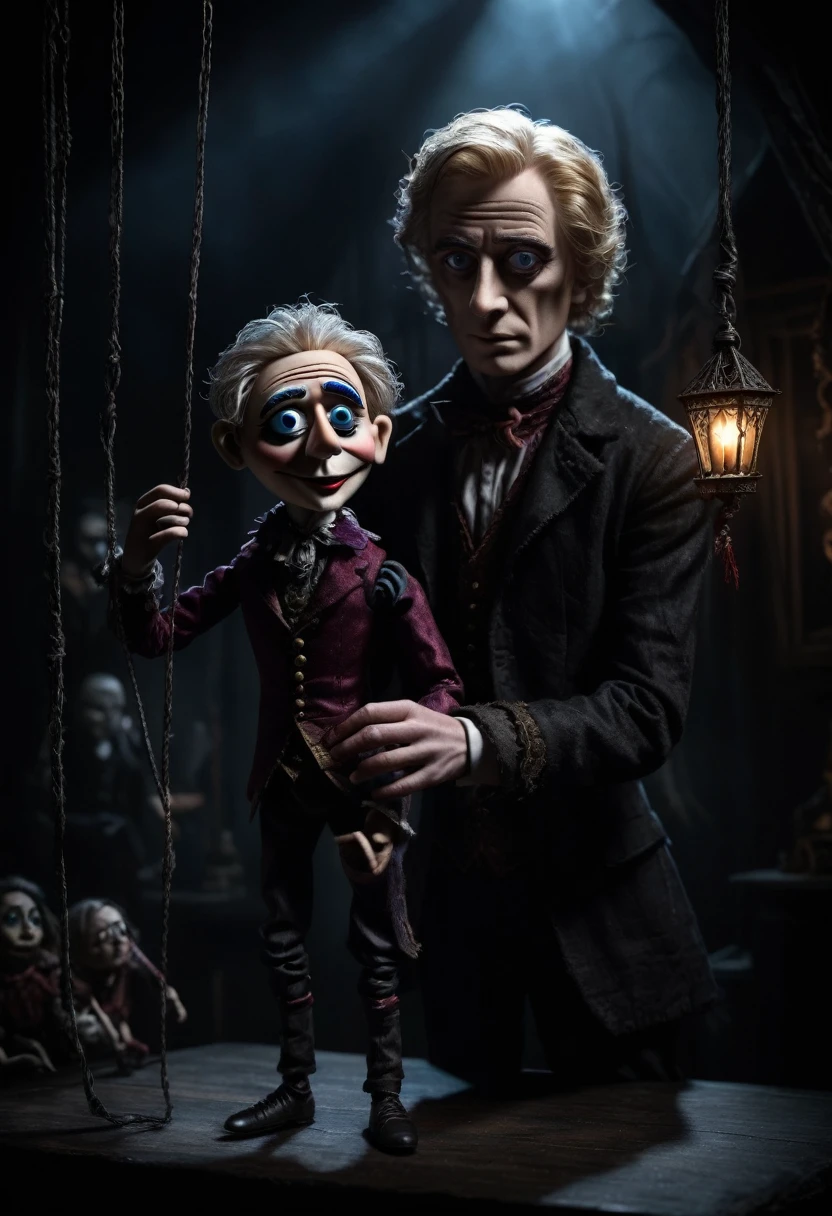 Caine from Digital Circus holds a marionette in a dark fantasy and magic style. The dark background enhances the mysterious and eerie atmosphere of the scene. The lighting casts dramatic shadows, adding to the haunting quality of the image. The composition is dynamic, with Caine's intense gaze drawing the viewer in. The dark fantasy genre is clearly portrayed through the intricate details and mystical elements present in the image.
