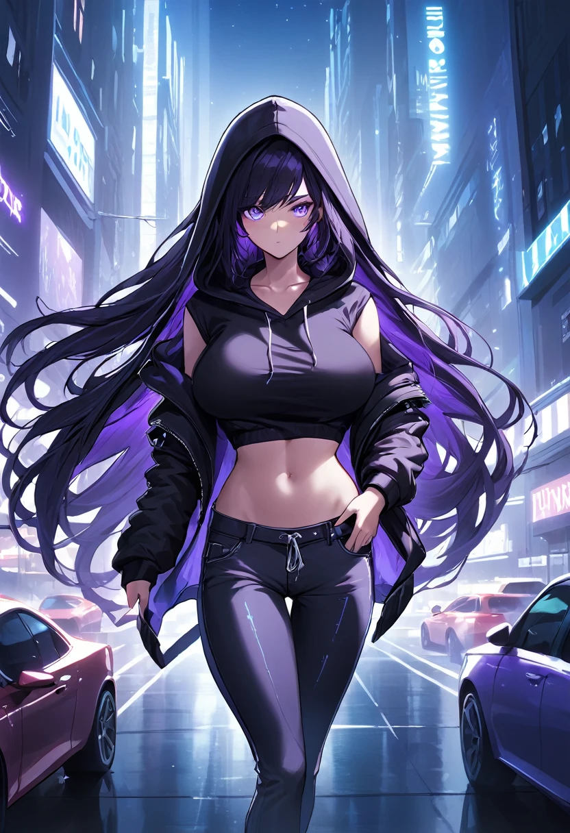 (masterpiece:1.37), best quality, (extremely detailed:1.37), woman, (very long hair:1.5), dark purple hair, purple eyes, (extremely detailed eyes:1.37), large breasts, hoodie, jeans, open fly, cleavage, navel, city, futuristic, neon lighting, high-tech