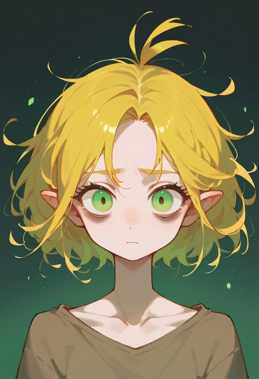 Girl, green eyes, yellow hair tied, depiction at the eye, hollow eye