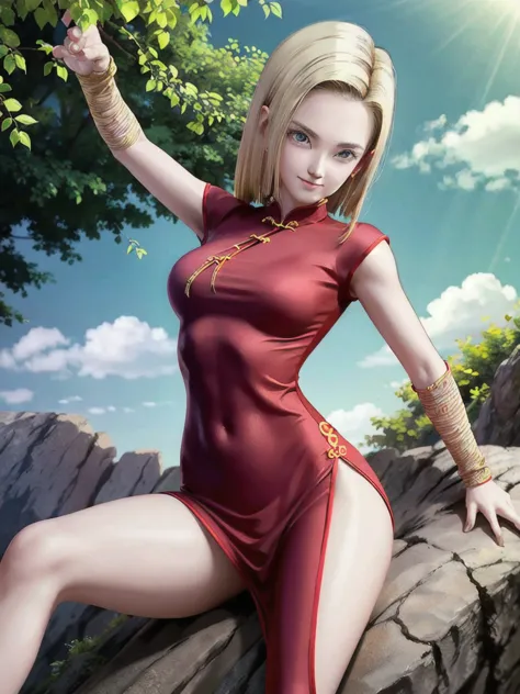 android 18,blonde hair,(((long straight hair))), blue eyes, ((long slit red cheongsam)), red sexy cheongsam, red , (big breasts)...