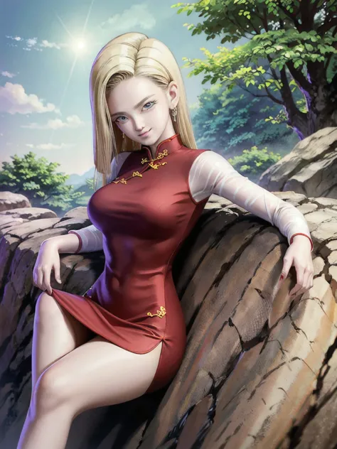 android 18,blonde hair,(((long straight hair))), blue eyes, ((long slit red cheongsam)), red sexy cheongsam, red , (big breasts)...