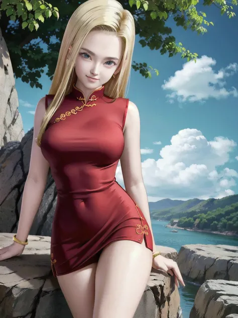 android 18,blonde hair, (((long straight hair))), blue eyes, ((long slit red cheongsam)), red sexy cheongsam, red, (big breasts)...