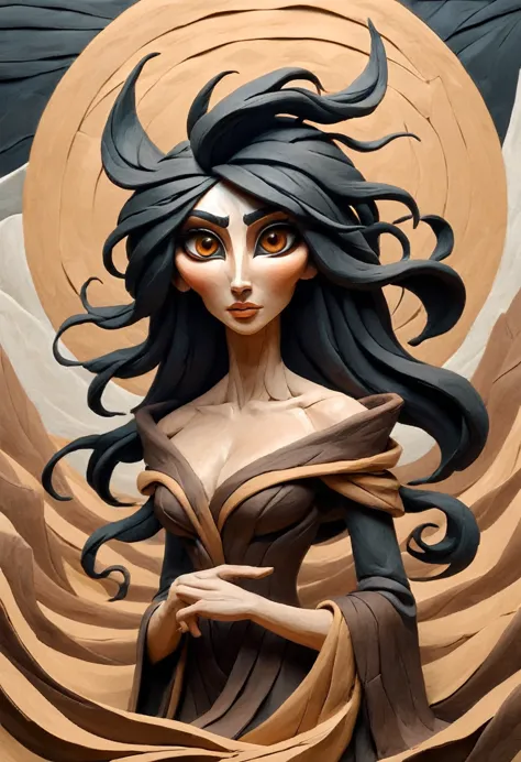 painting of a claymation woman with flowing black hair, peter mohrbacher, gorgeous brown eyes, surreal, fantasy design, textured...