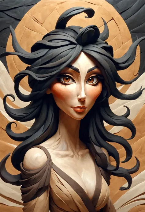 painting of a claymation woman with flowing black hair, peter mohrbacher, gorgeous brown eyes, surreal, fantasy design, textured...