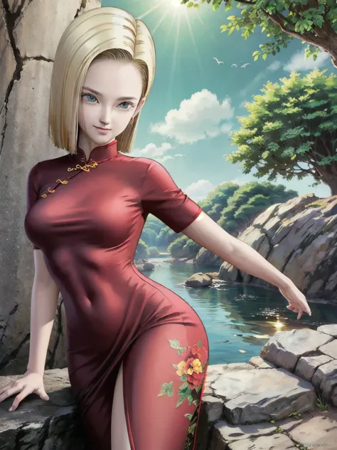 android 18,blonde hair, (((long straight hair))), blue eyes, ((long slit red cheongsam)), (red sexy cheongsam), (((red))), (big ...