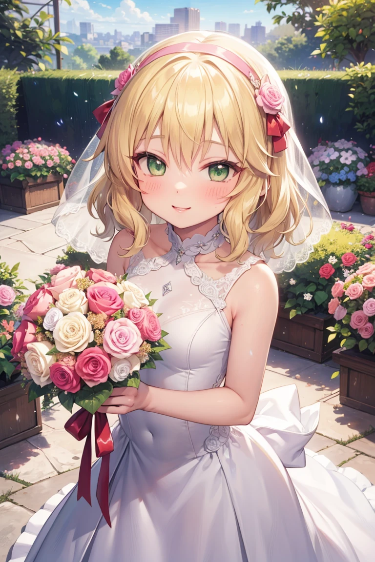 masterpiece,Highest quality, Super detailed,One girl(Sakurai Momoka, Adorable little breasts, Wavy Hair, Blonde, head band, Pink flowers in the hair,Green Eyes), A face in love,  Cute smile, Part your lips, nose blush, blush, In-person audience , View your viewers, Tilt your head, alone,  White Wedding Dress, Frills, Veil,  Grab the bouquet,  in the garden, Are standing, Seduce your sexy waist 