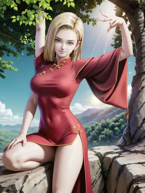 android 18, blonde long hair, (((long straight hair))), blue eyes, ((long slit red cheongsam)), (red sexy cheongsam), (((red))),...