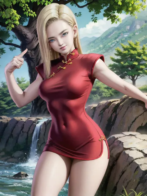 android 18, blonde long hair, (((long straight hair))), blue eyes, ((long slit red cheongsam)), (red sexy cheongsam), (((red))),...