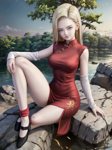 android 18, blonde long hair, (((long straight hair))), blue eyes, ((long slit red cheongsam)), (red sexy cheongsam), (((red))),...