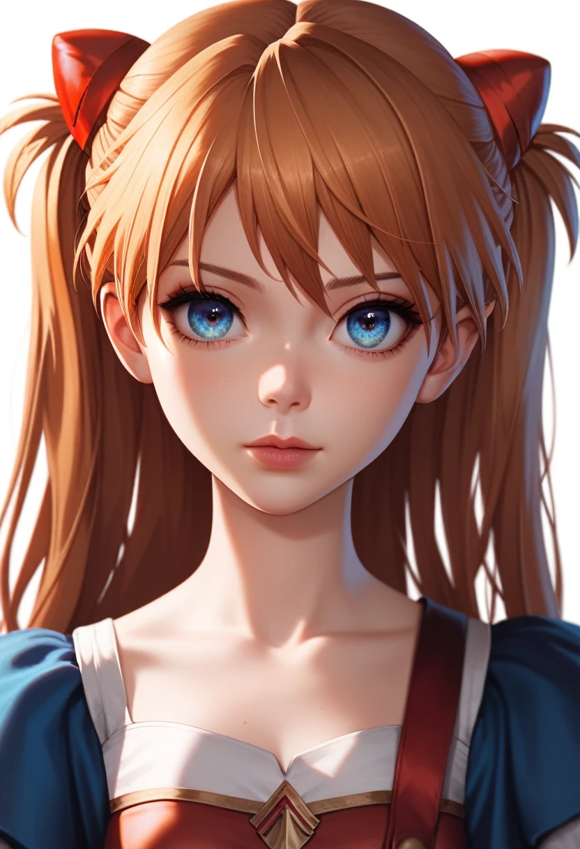 best quality, masterpiece, anime girl , young girl, 24 years old, 1girl, bangs, long hair, cute face, perfect shot, perfect anatomy, medieval, white background, solo girl, 4k, high resolution , detailed face, detailed eyes, beautiful eyes, sohryu_asuka_langley, very close up, focus on face,  