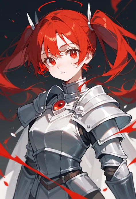 Knight, red eyes, eye photography, pigtails, red hair